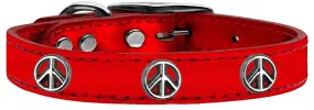 Peace Sign Widget Genuine Metallic Leather Dog Collar Red 24