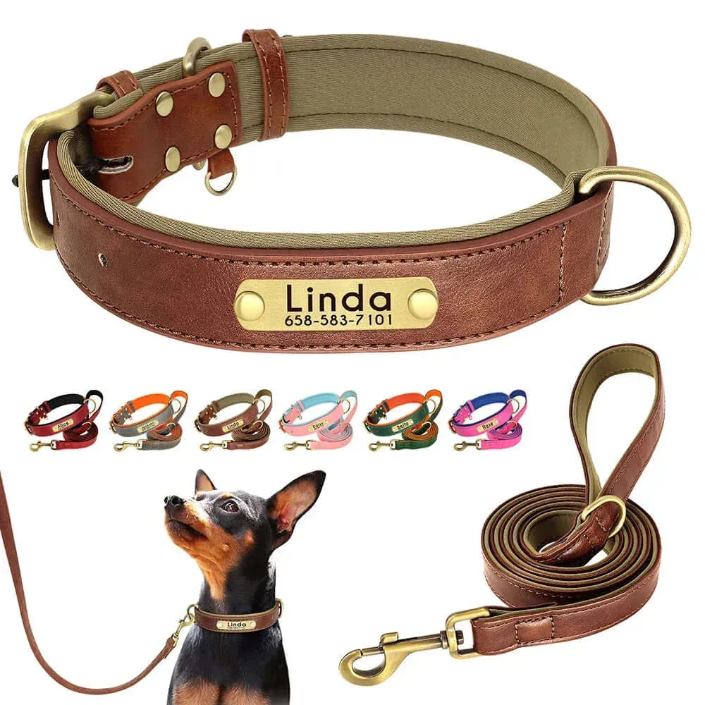 Personalized Dog Collar & Leash Set –  Leather Soft, Stylish, and Engraved