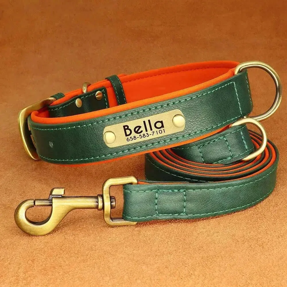 Personalized Dog Collar & Leash Set –  Leather Soft, Stylish, and Engraved