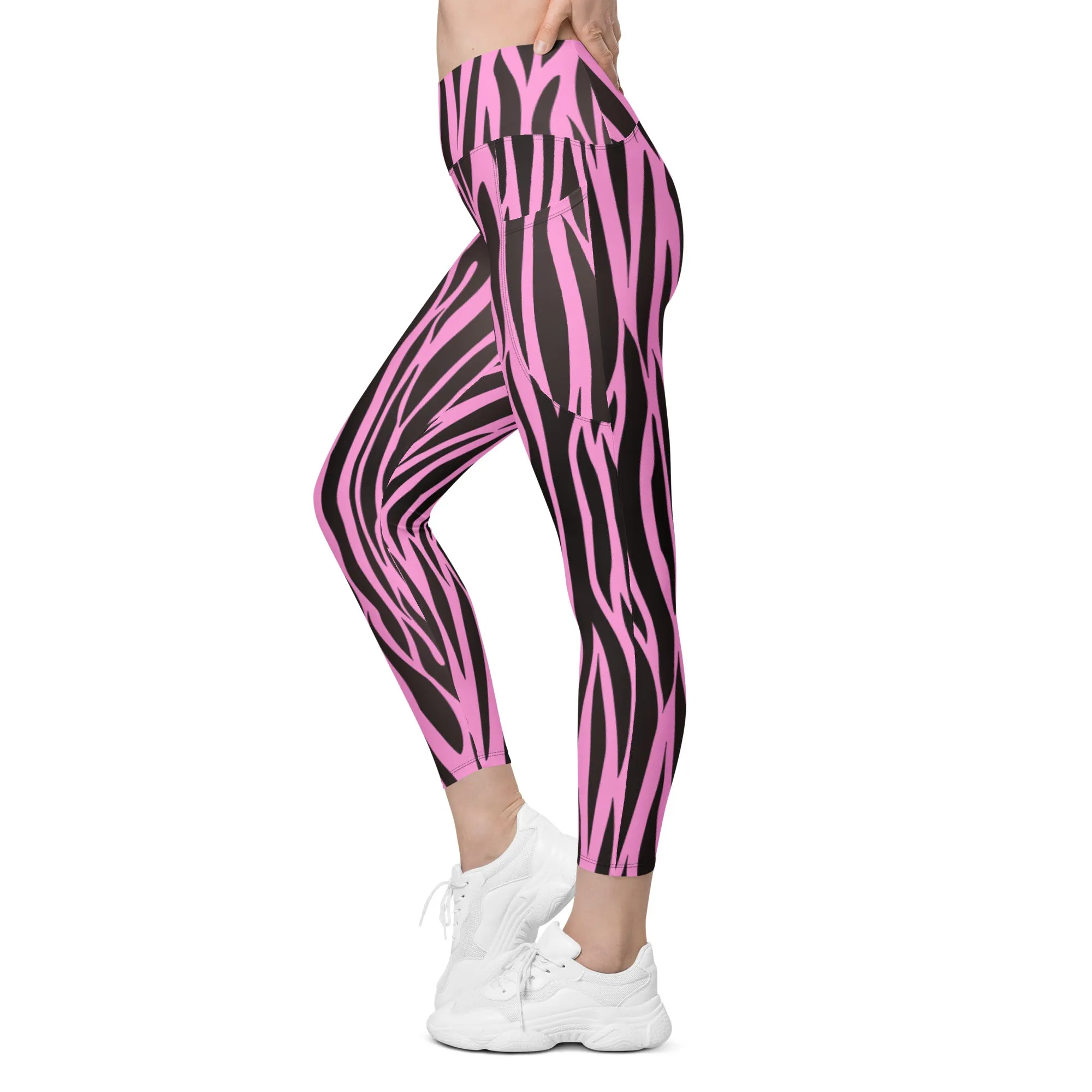 Pink & Black Zebra Crossover Leggings with Pockets, lioness-love