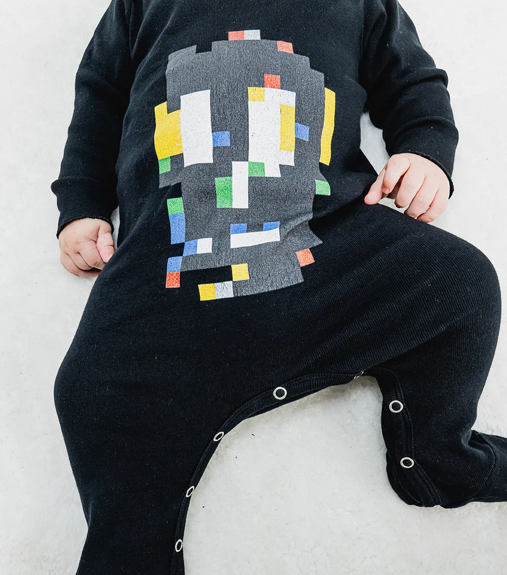 pixel skull footed overall