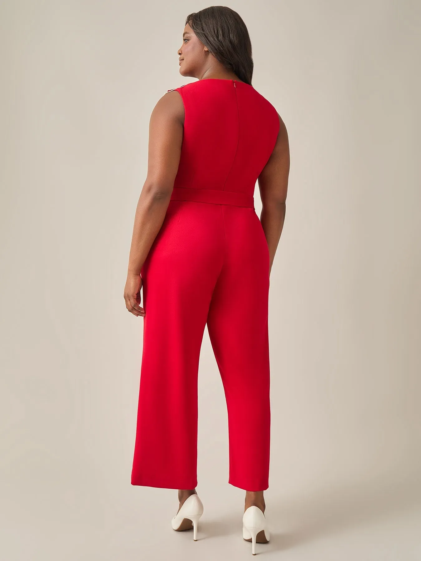 Plus Size Ruffle Shoulder Jumpsuit, Crimson