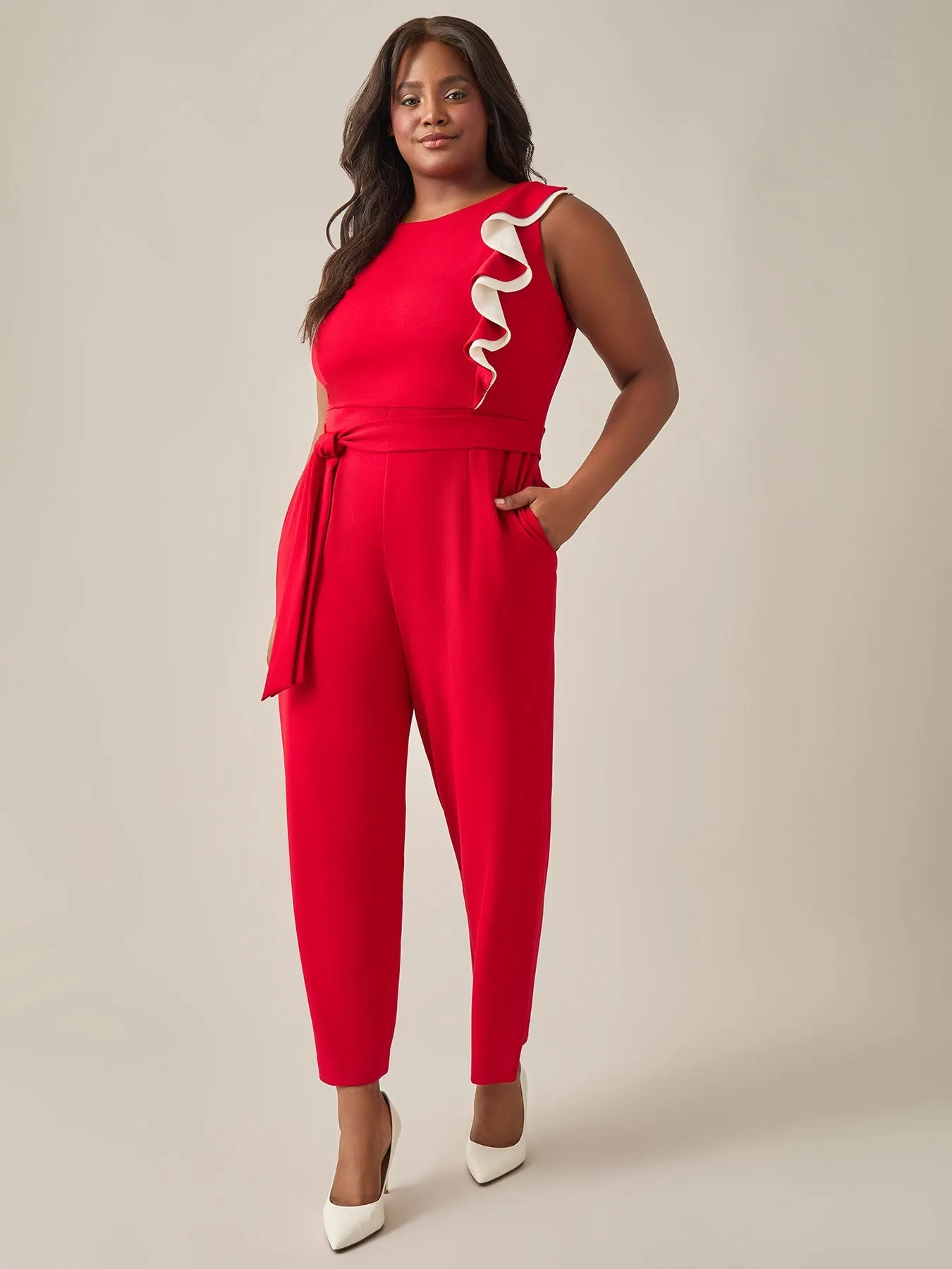 Plus Size Ruffle Shoulder Jumpsuit, Crimson