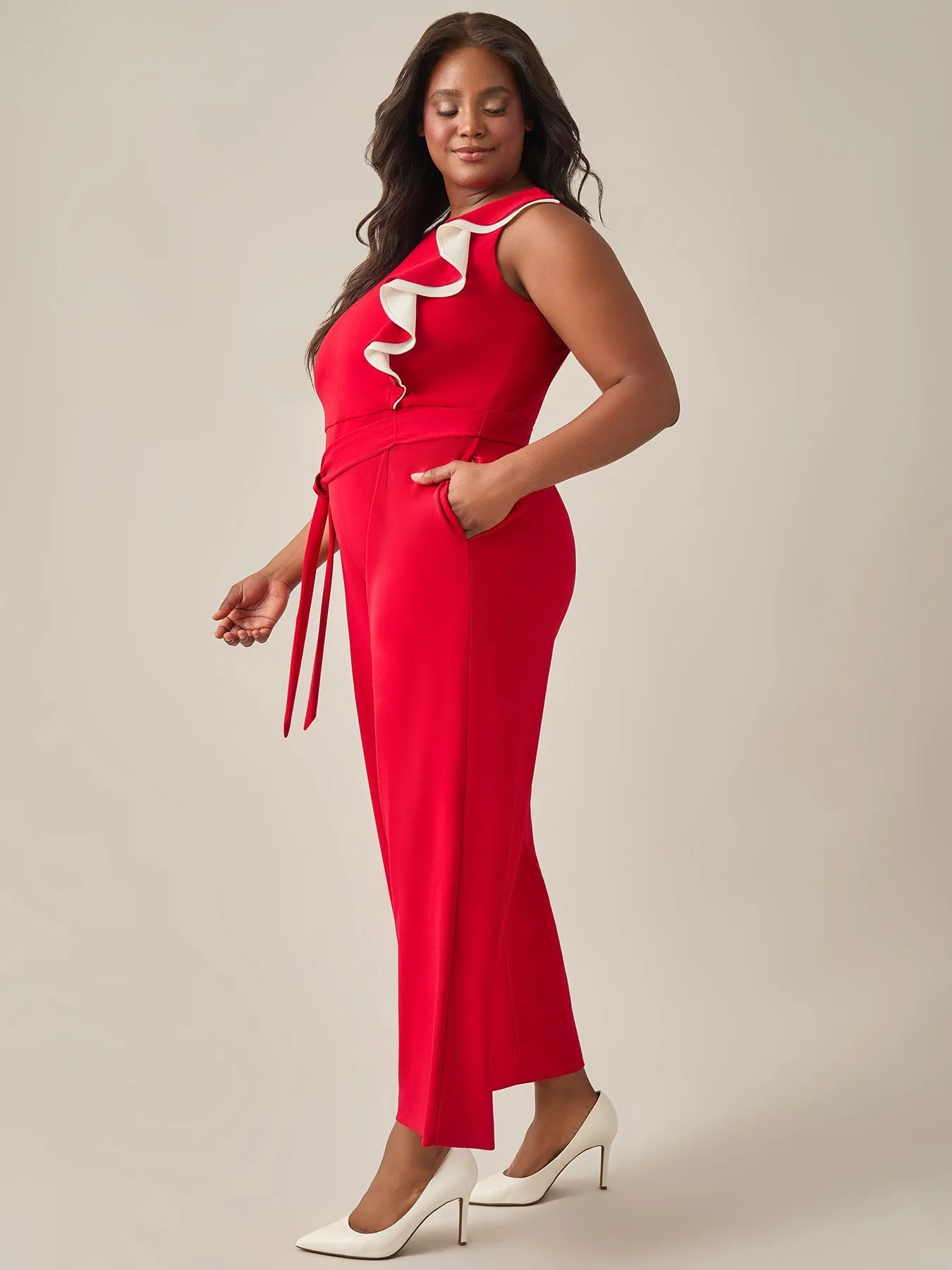 Plus Size Ruffle Shoulder Jumpsuit, Crimson