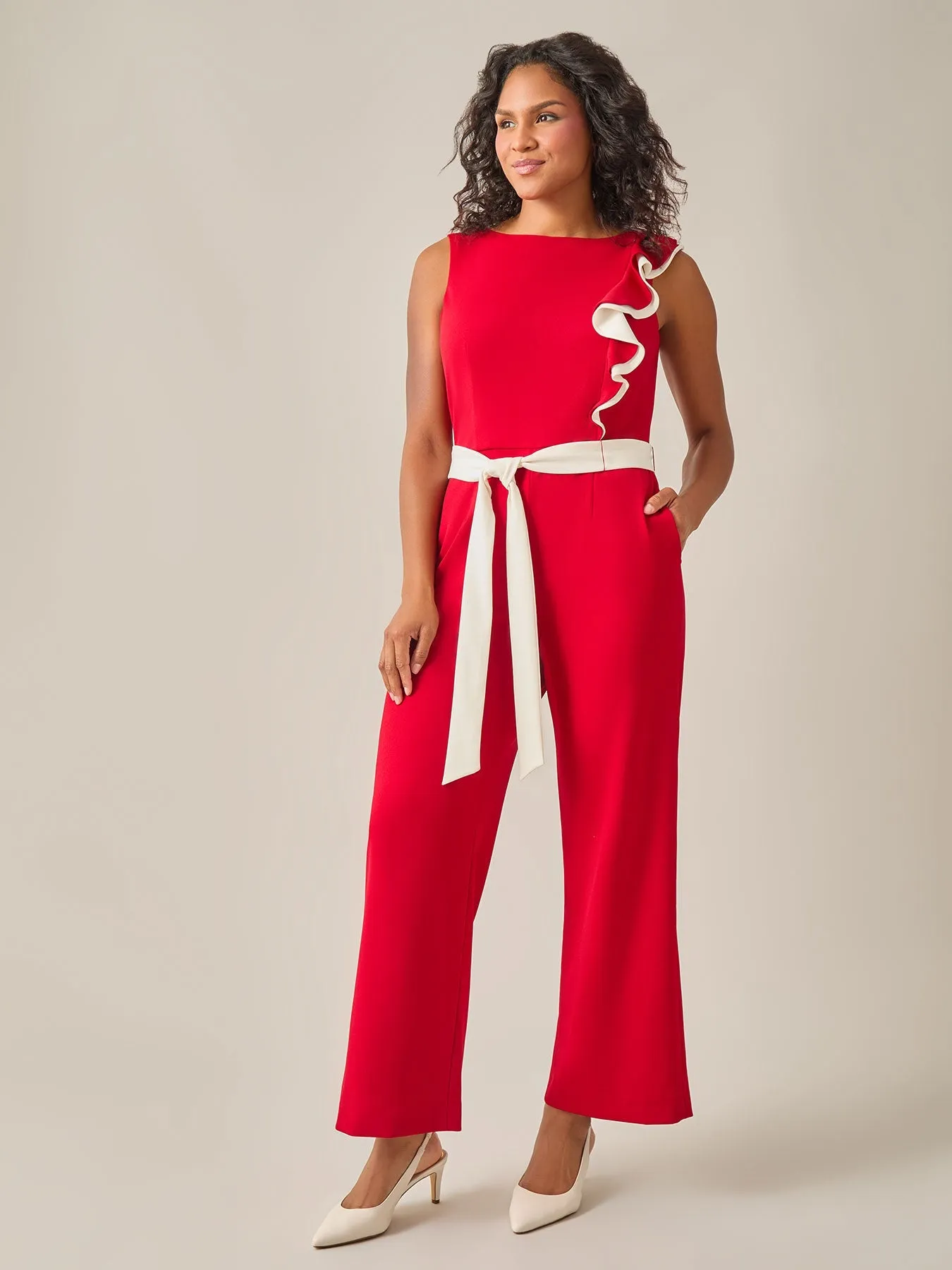 Plus Size Ruffle Shoulder Jumpsuit, Crimson