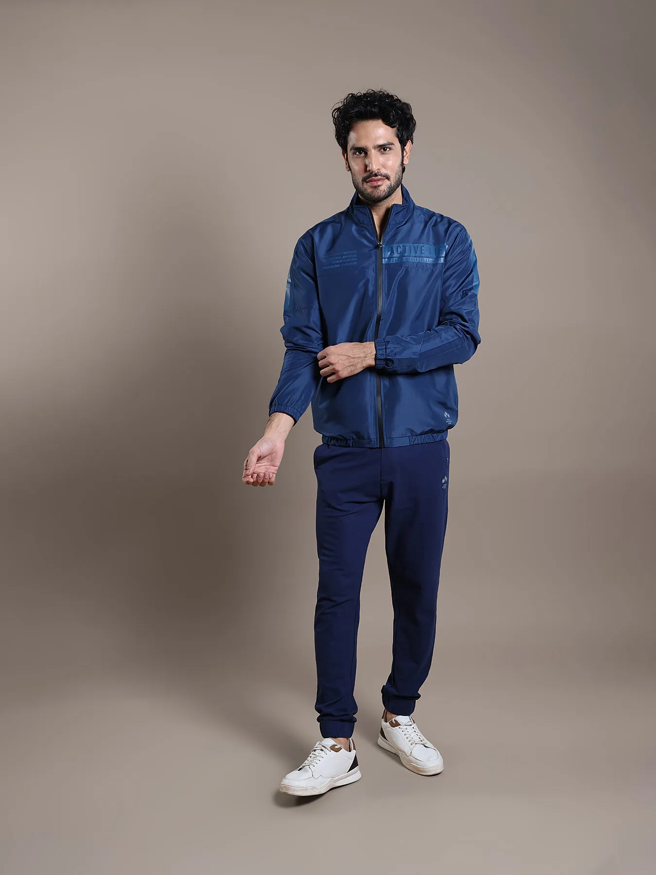 Polyester Blue Printed Regular Fit Full Sleeve Casual Windcheater