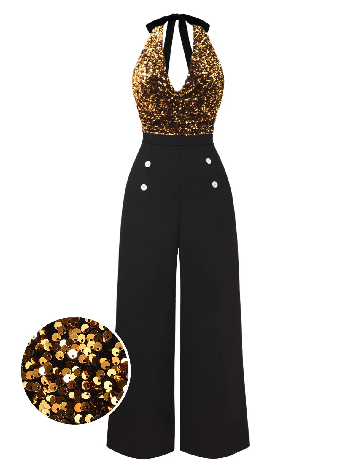 [Pre-Sale] Black 1930s Cowl Neck Sequined Jumpsuit