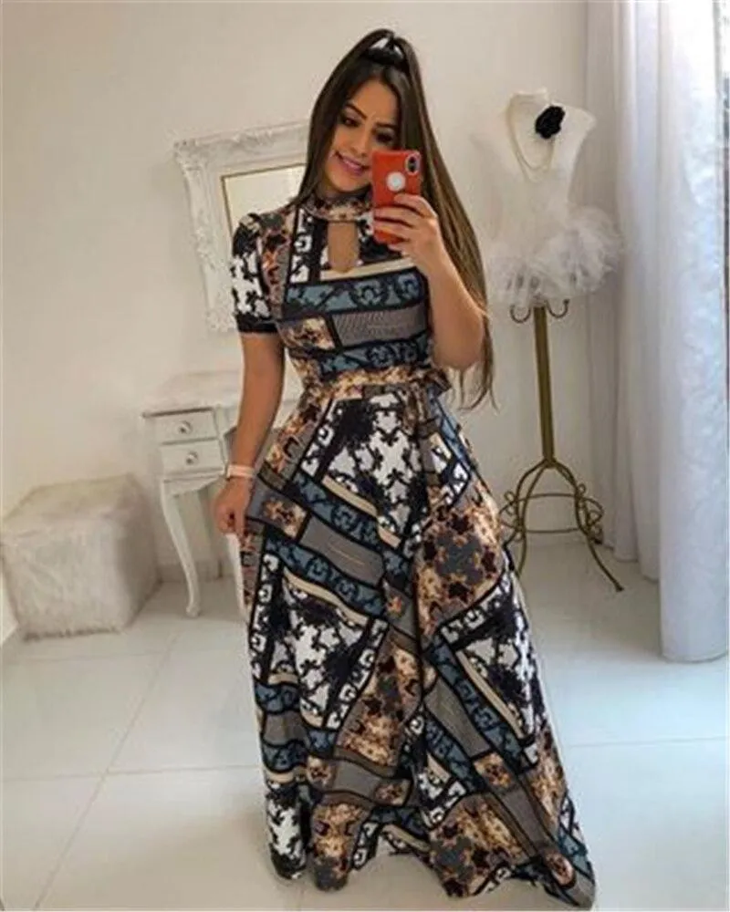 Print Party Dresses Long Dress Women Fashion Elegant Robe Femme Summer Casual Vestido De Festa Plus Size O-Neck Floor-Length