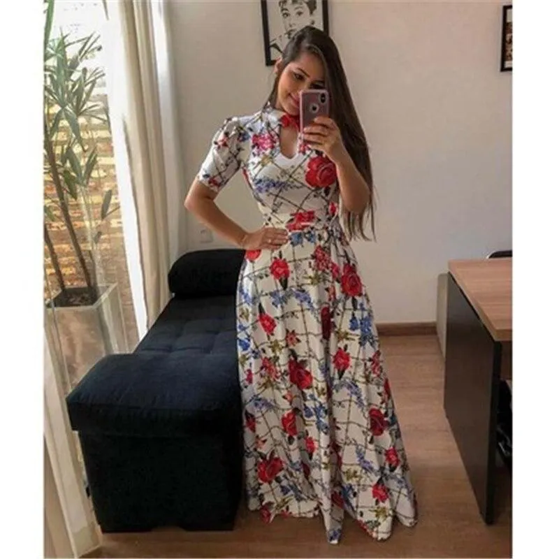 Print Party Dresses Long Dress Women Fashion Elegant Robe Femme Summer Casual Vestido De Festa Plus Size O-Neck Floor-Length