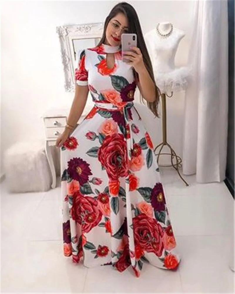 Print Party Dresses Long Dress Women Fashion Elegant Robe Femme Summer Casual Vestido De Festa Plus Size O-Neck Floor-Length