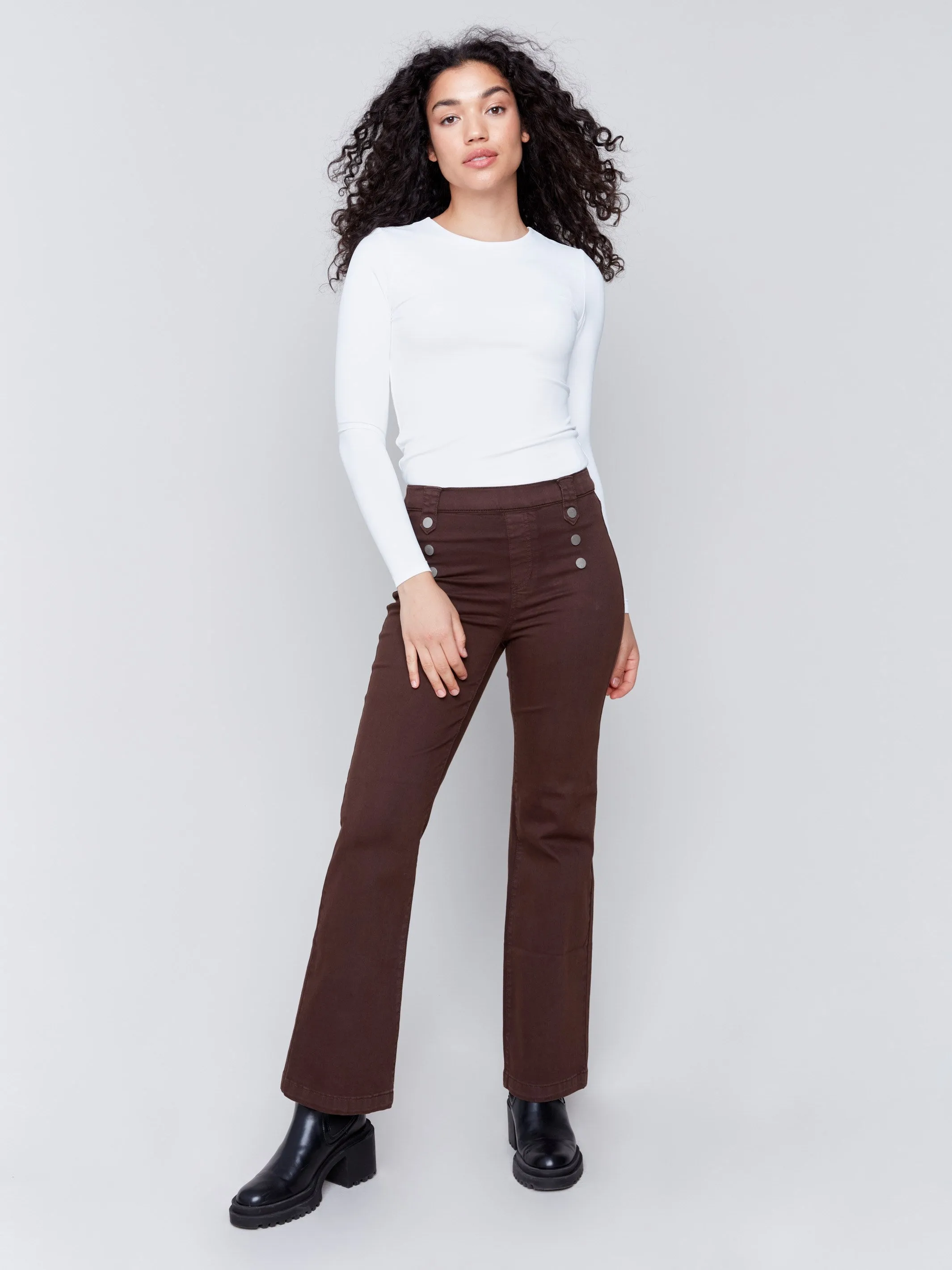 Pull-On Flare Twill Pants With Front Buttons - Mocha