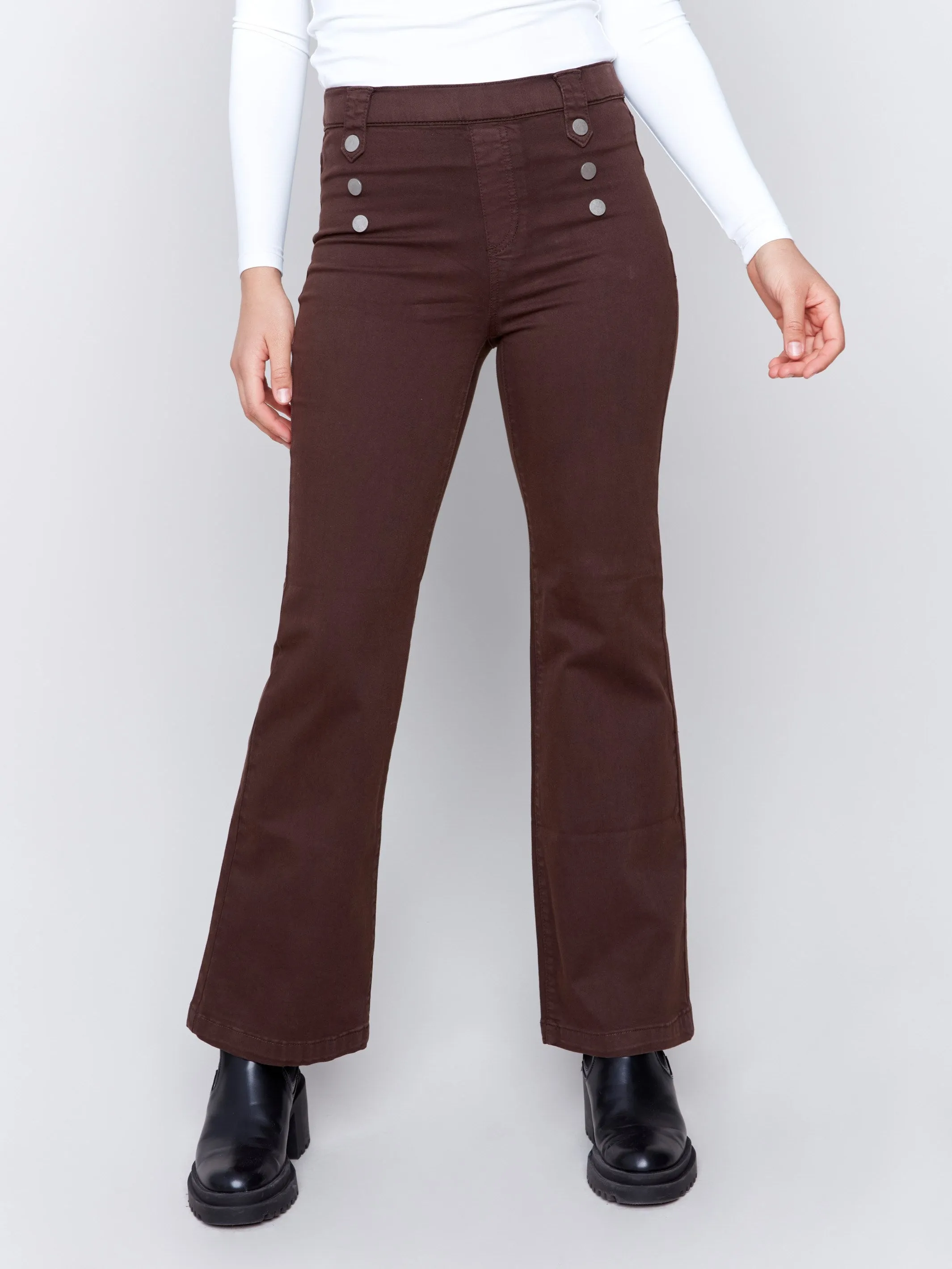 Pull-On Flare Twill Pants With Front Buttons - Mocha