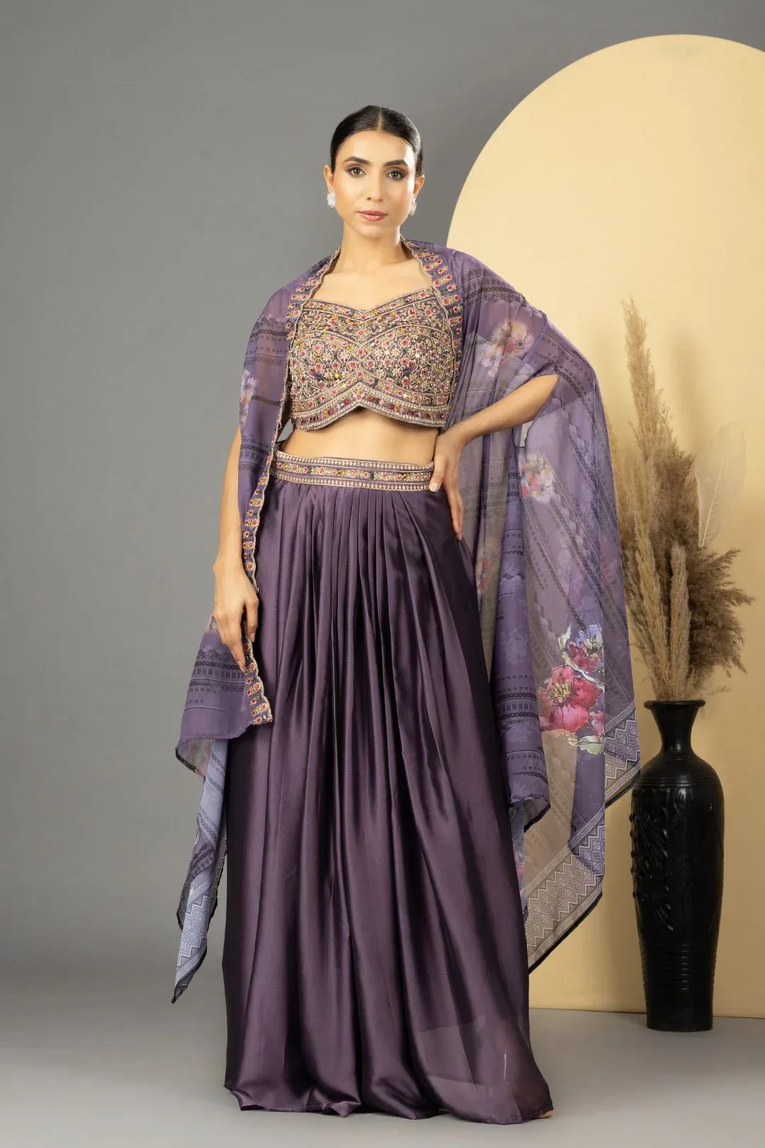 Purple Skirt Set With Cape - Rent