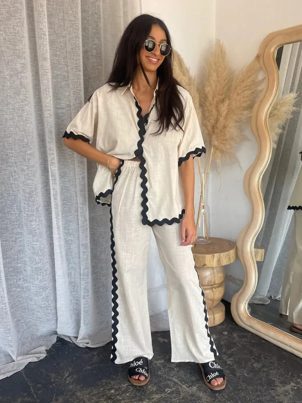 Relaxed Ric-Rac Trim Shirt & Pants Set - Women's Summer Vacay Attire