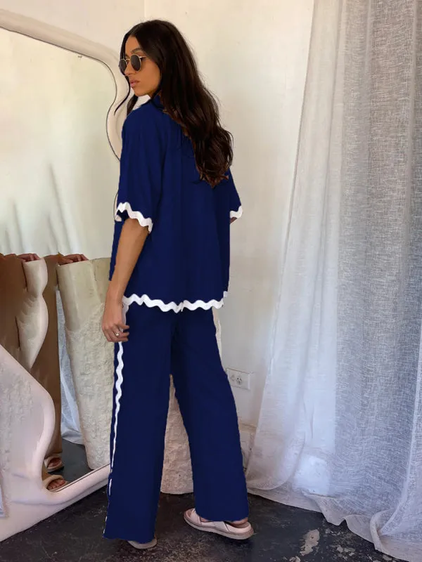 Relaxed Ric-Rac Trim Shirt & Pants Set - Women's Summer Vacay Attire