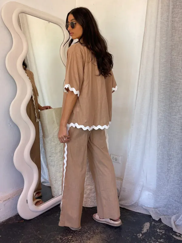 Relaxed Ric-Rac Trim Shirt & Pants Set - Women's Summer Vacay Attire