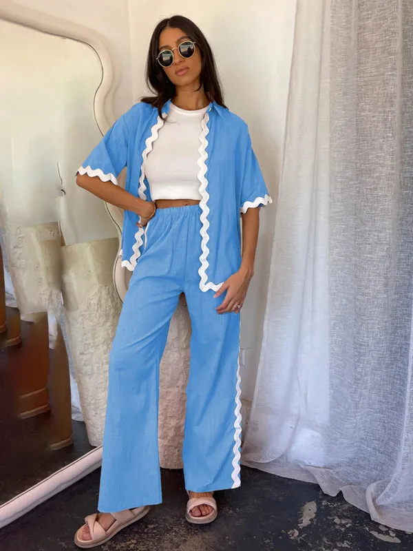 Relaxed Ric-Rac Trim Shirt & Pants Set - Women's Summer Vacay Attire