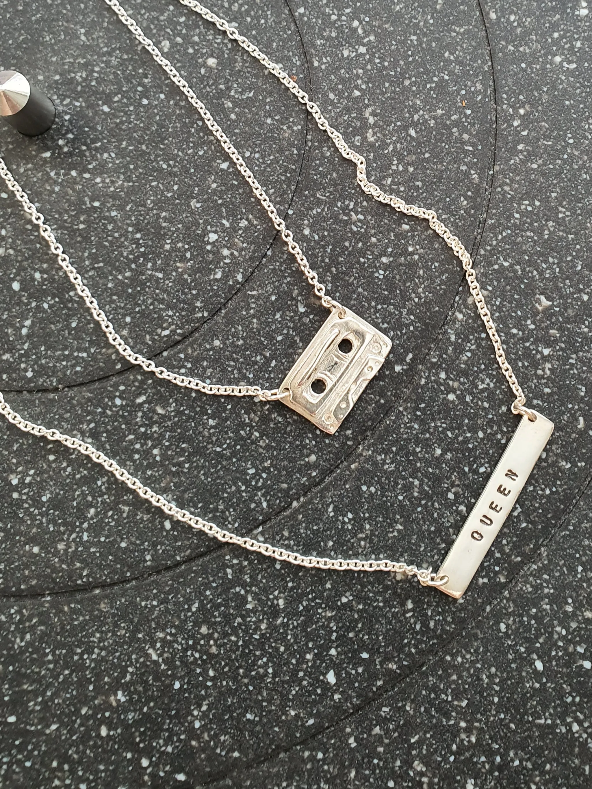 Retro Cassette Tape & Queen Bar Layered Necklace Set