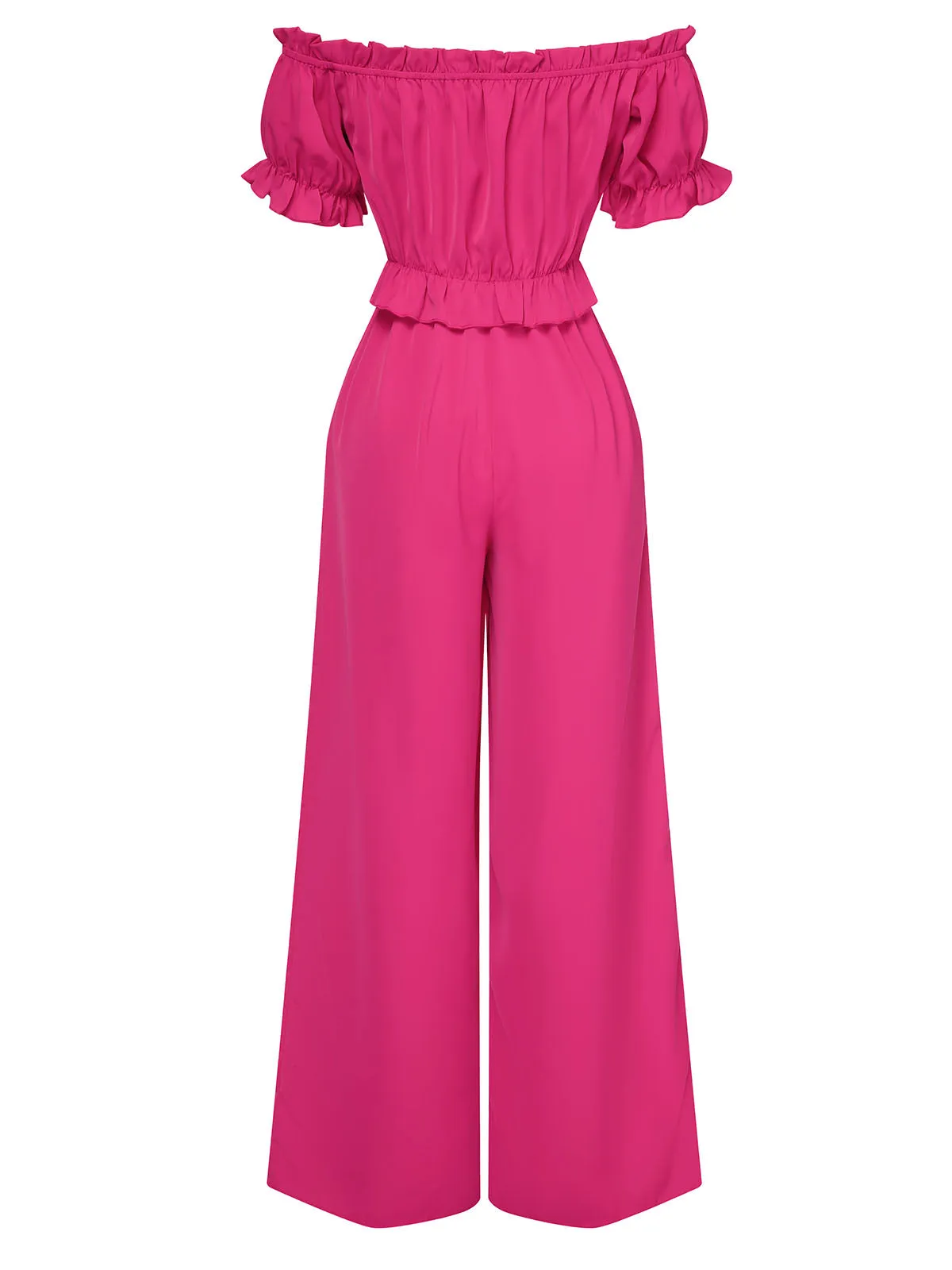 Rose Red 1950s Off-Shoulder Ruffles Solid Jumpsuit