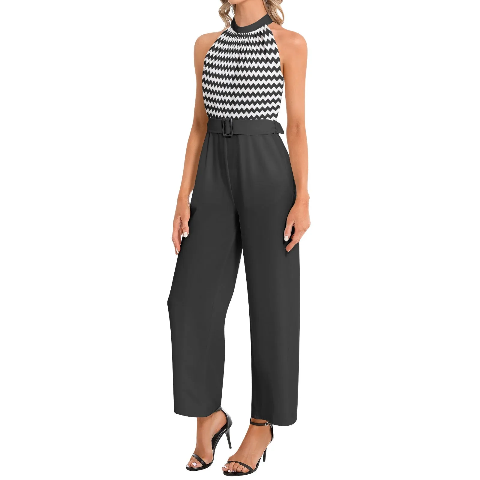 Sawtooth Waveform Halter Neck Buckle Belted Jumpsuit