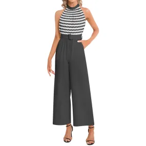 Sawtooth Waveform Halter Neck Buckle Belted Jumpsuit