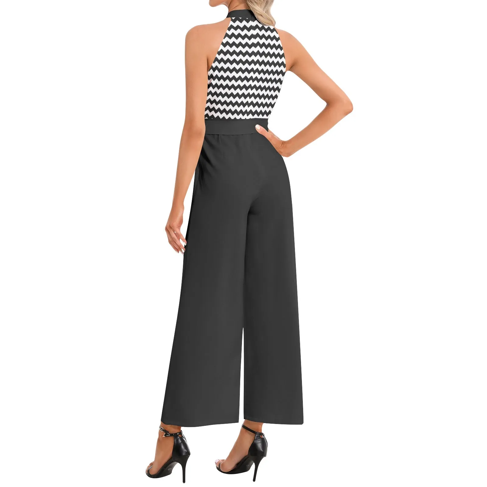 Sawtooth Waveform Halter Neck Buckle Belted Jumpsuit