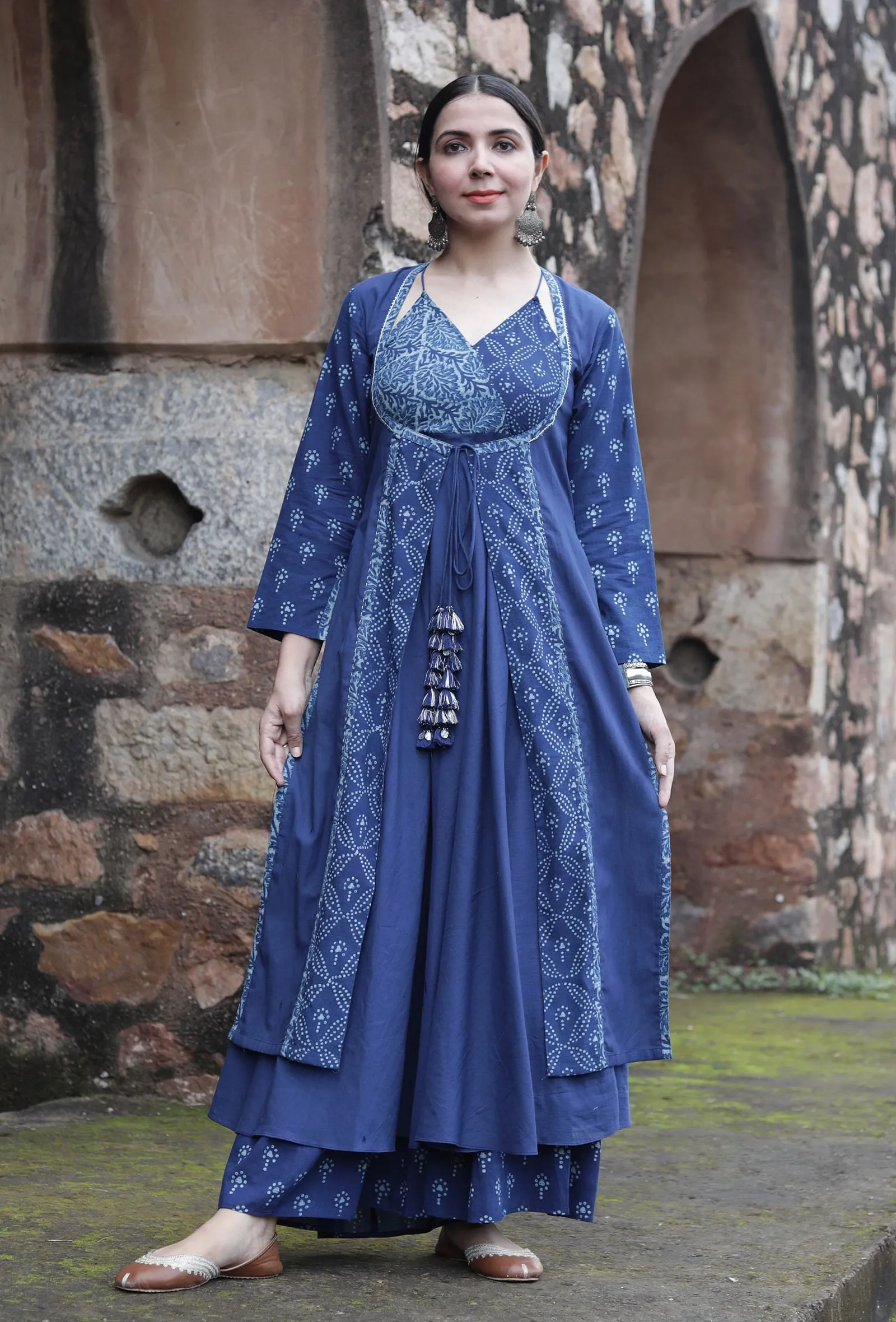 Set Of 3:Pakshi Indigo Front-Tie Jama Long Coat, Angrakha Kurta & Palazzo