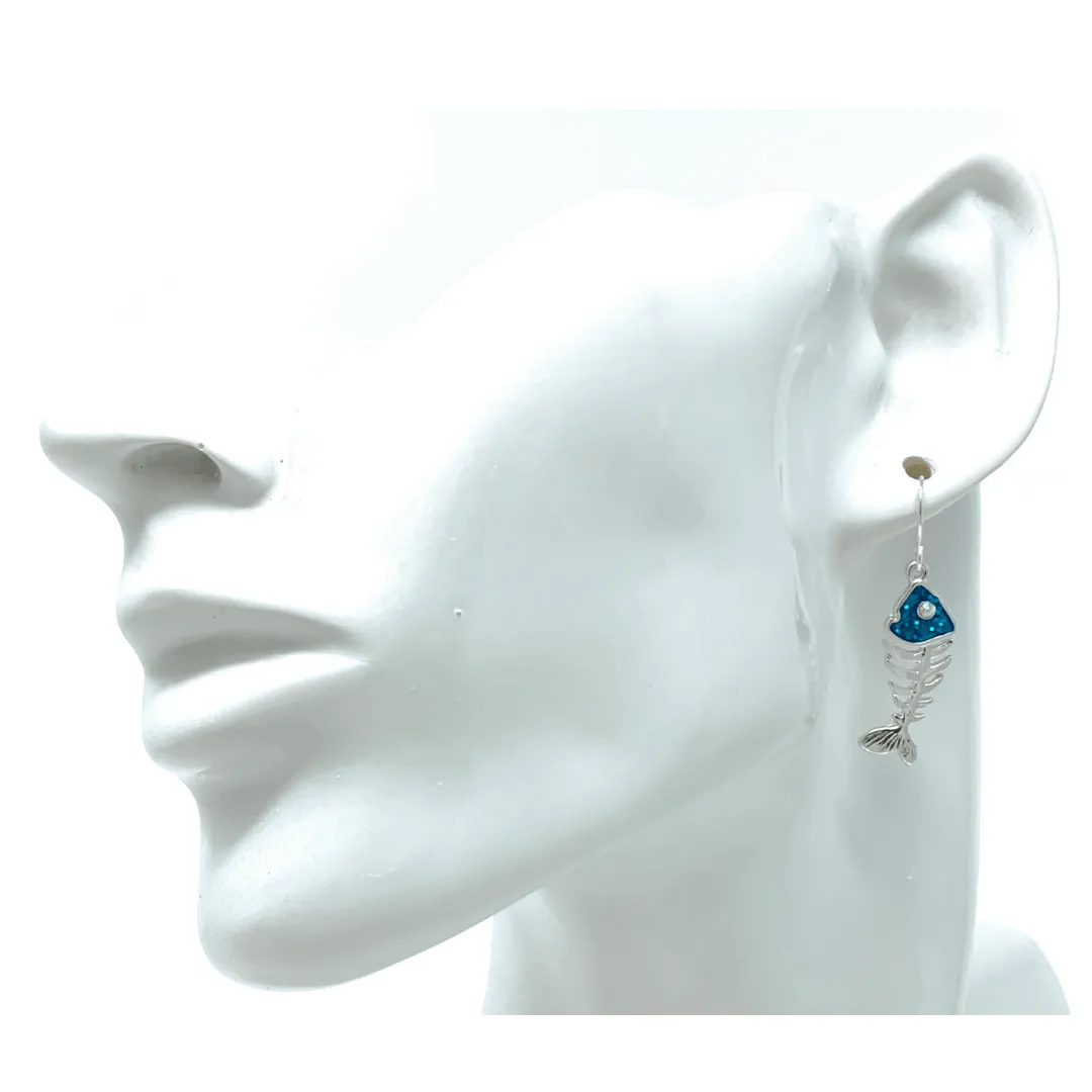 Silver & Blue Fish Bone Dangle Earrings with Rhinestone Accents