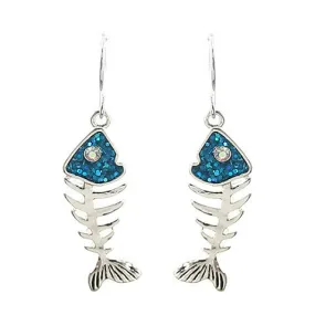 Silver & Blue Fish Bone Dangle Earrings with Rhinestone Accents