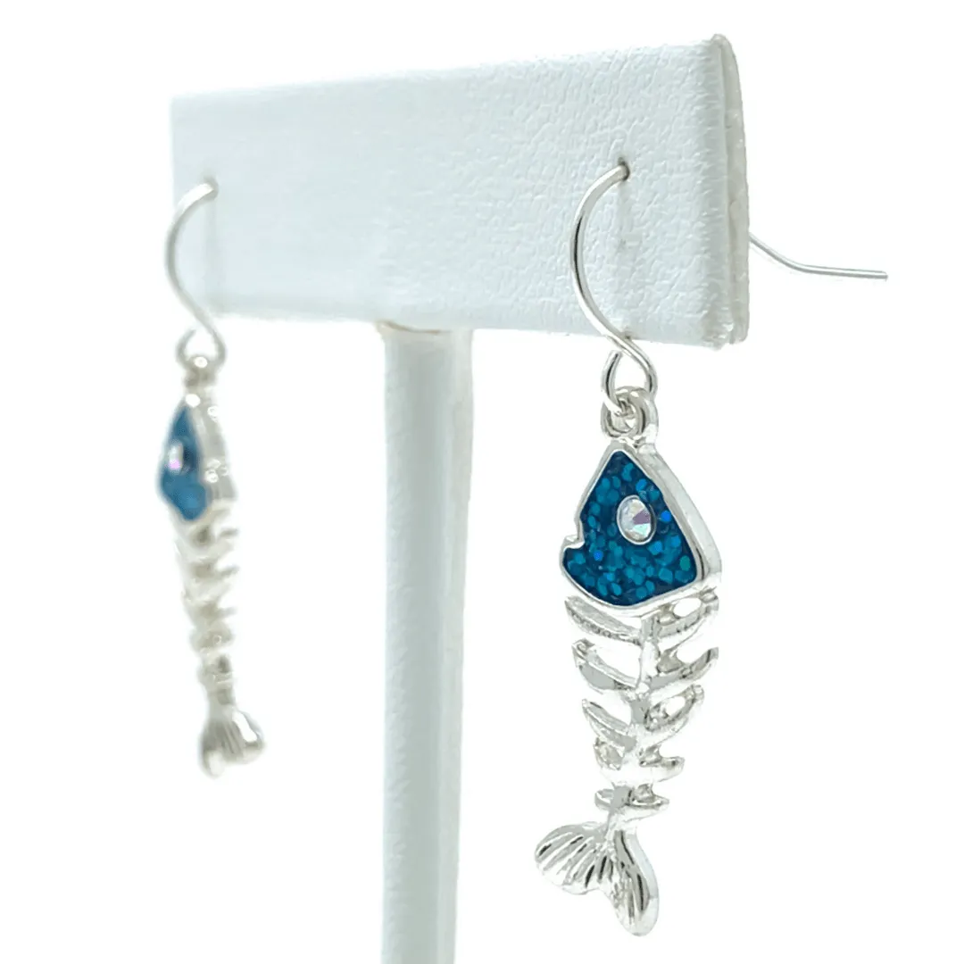 Silver & Blue Fish Bone Dangle Earrings with Rhinestone Accents