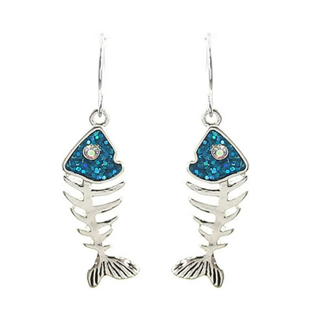 Silver & Blue Fish Bone Dangle Earrings with Rhinestone Accents