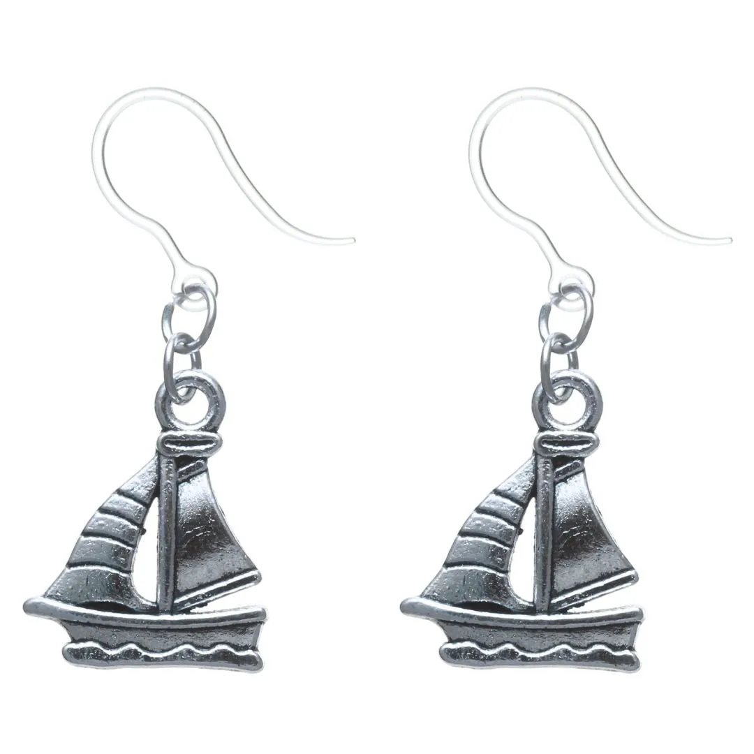 Silver Sailboat Dangles Hypoallergenic Earrings for Sensitive Ears Made with Plastic Posts