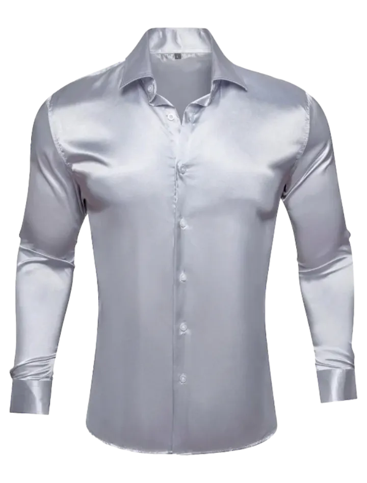 Sliver Grey Shiny Shirt Long Sleeves Slim Fit Satin Material