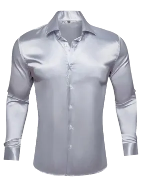 Sliver Grey Shiny Shirt Long Sleeves Slim Fit Satin Material