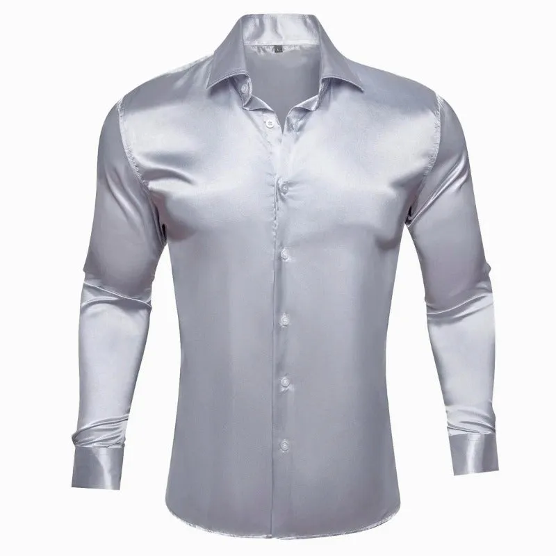 Sliver Grey Shiny Shirt Long Sleeves Slim Fit Satin Material