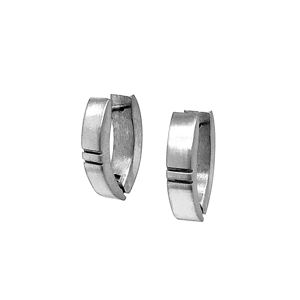 Small Stainless Steel Huggie Earrings - "Marquise with Grooves"