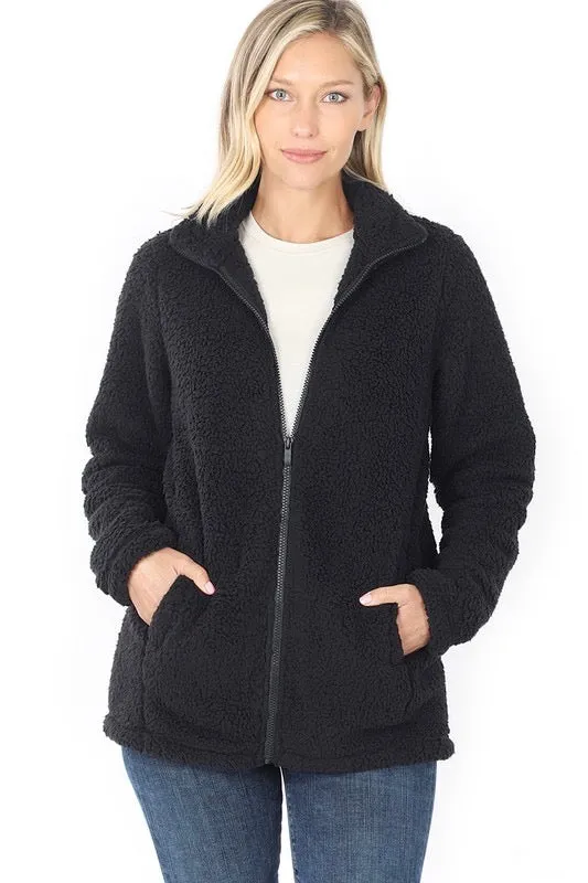 Soft Sherpa Jacket with Side Pockets, Black