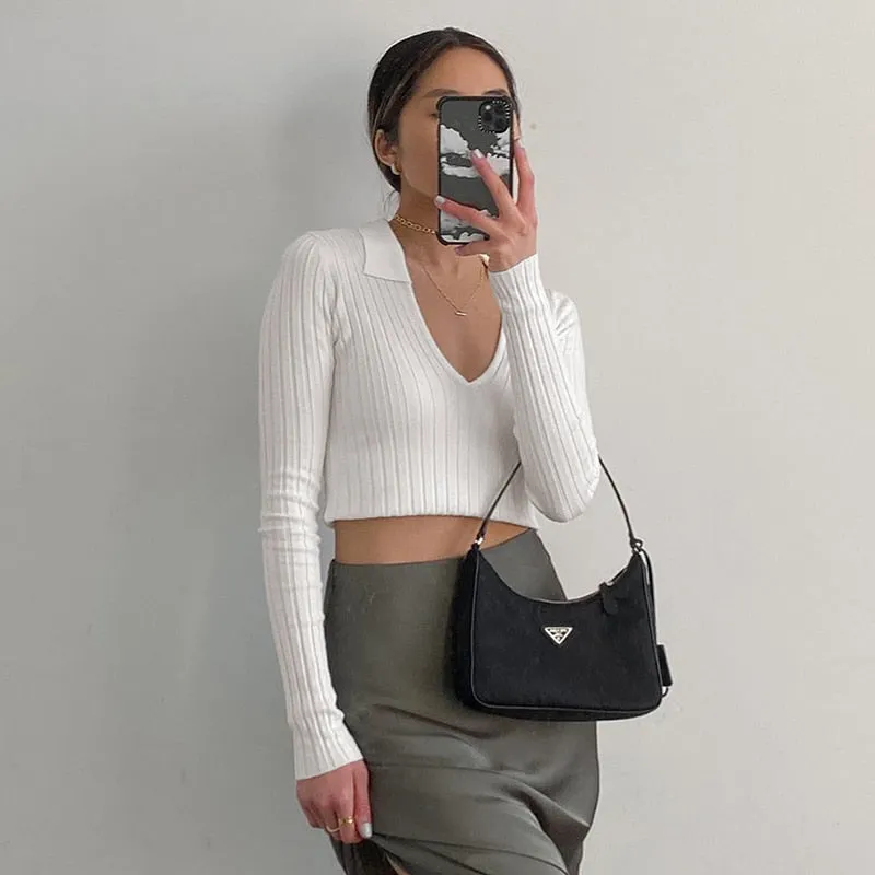 Solid White Basic Crop Top Korean Fashion Style Knitted Long Sleeve