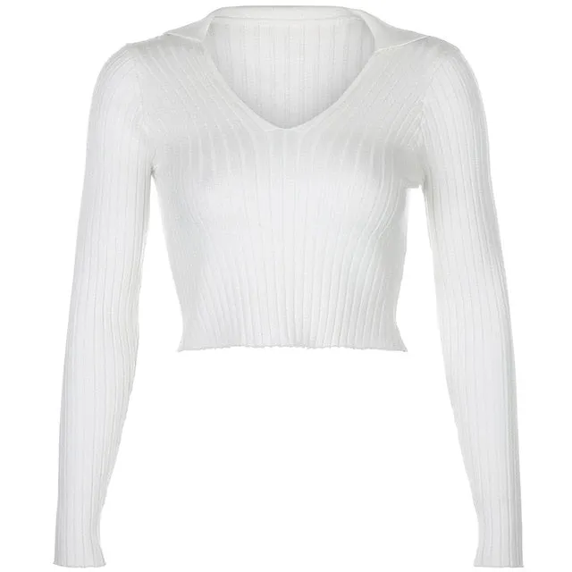 Solid White Basic Crop Top Korean Fashion Style Knitted Long Sleeve