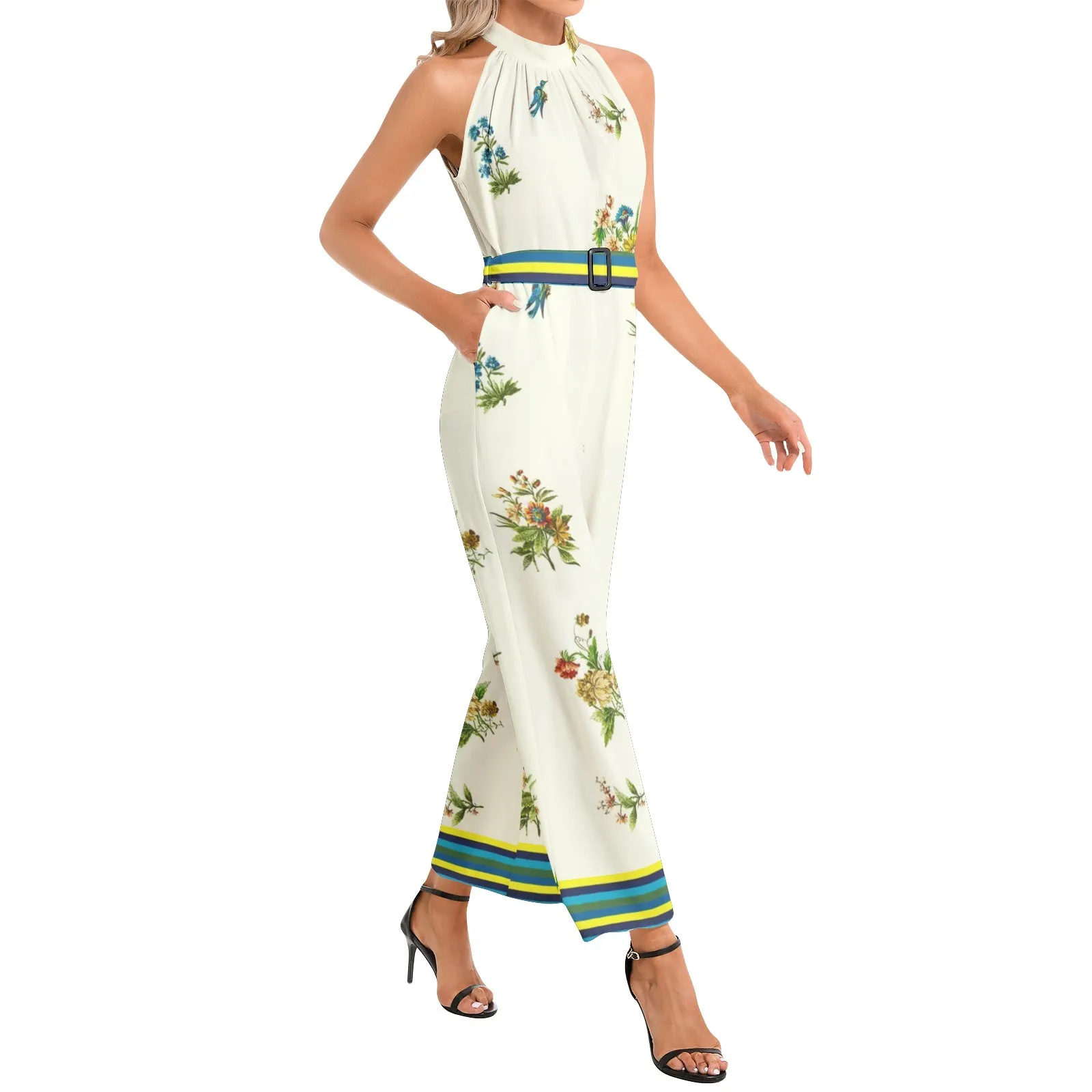 Spring Collage Halter Neck Buckle Belted Jumpsuit