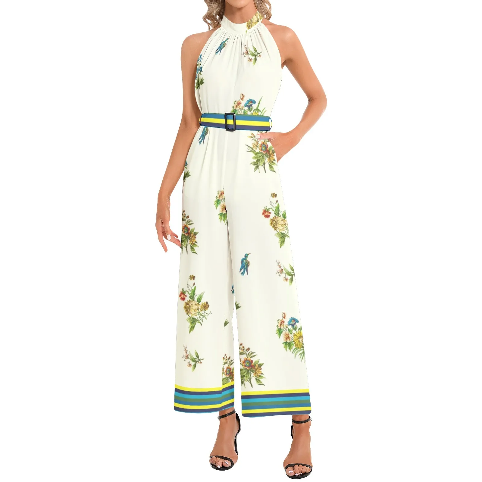 Spring Collage Halter Neck Buckle Belted Jumpsuit