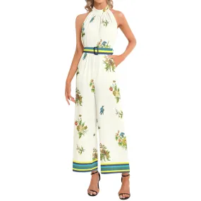 Spring Collage Halter Neck Buckle Belted Jumpsuit