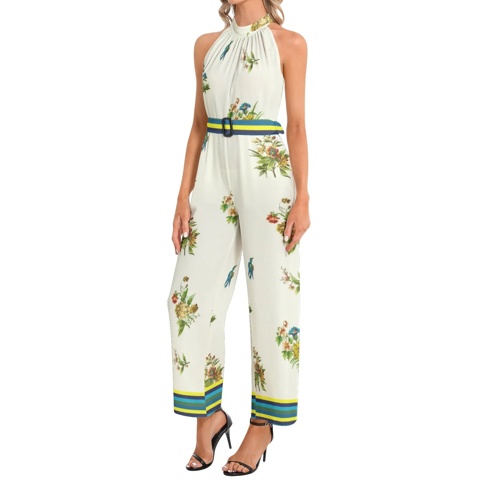 Spring Collage Halter Neck Buckle Belted Jumpsuit