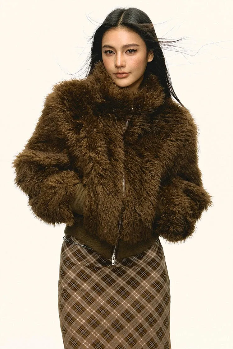 Stand Collar Faux Fur Zip Jacket