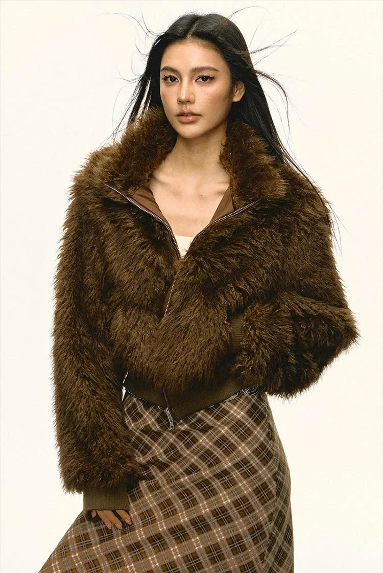 Stand Collar Faux Fur Zip Jacket