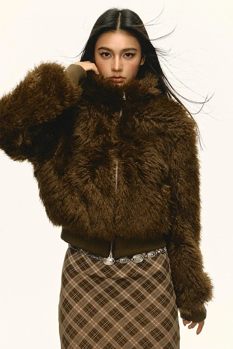 Stand Collar Faux Fur Zip Jacket