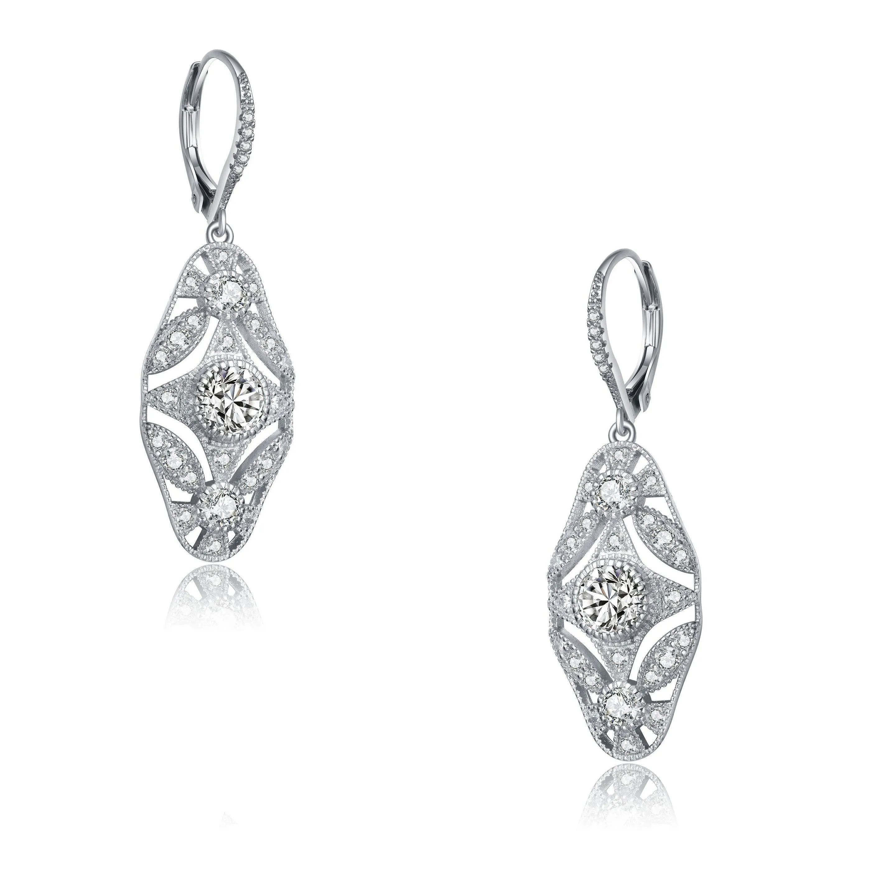 Sterling Silver with Rhodium Plated Round Cubic Zirconia Wreath Leverback Earrings