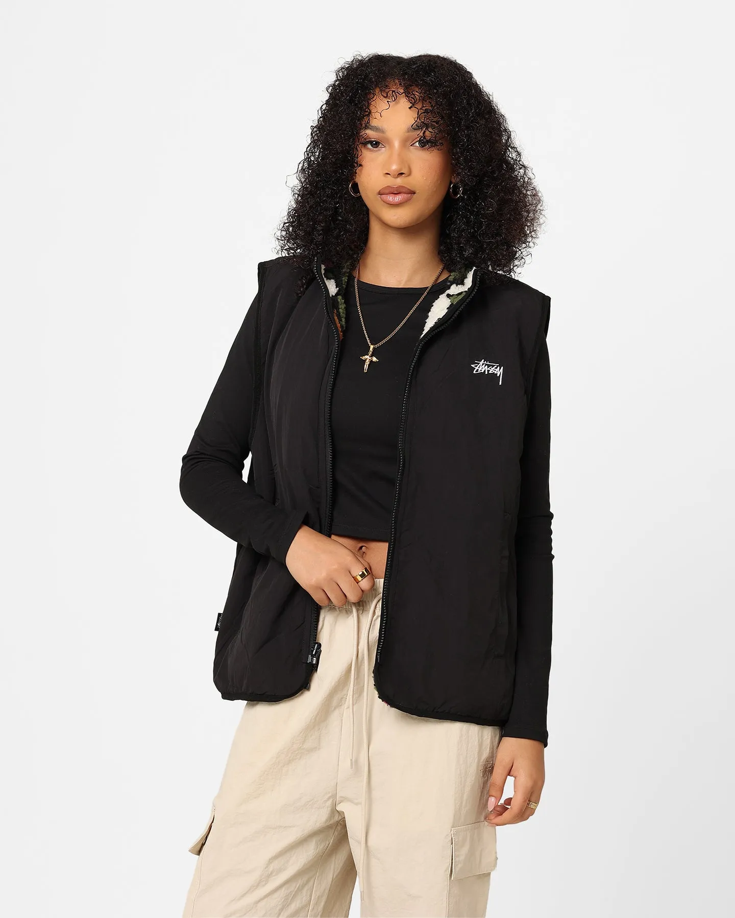 Stussy Women's Reversible Stock Sherpa Vest Natural