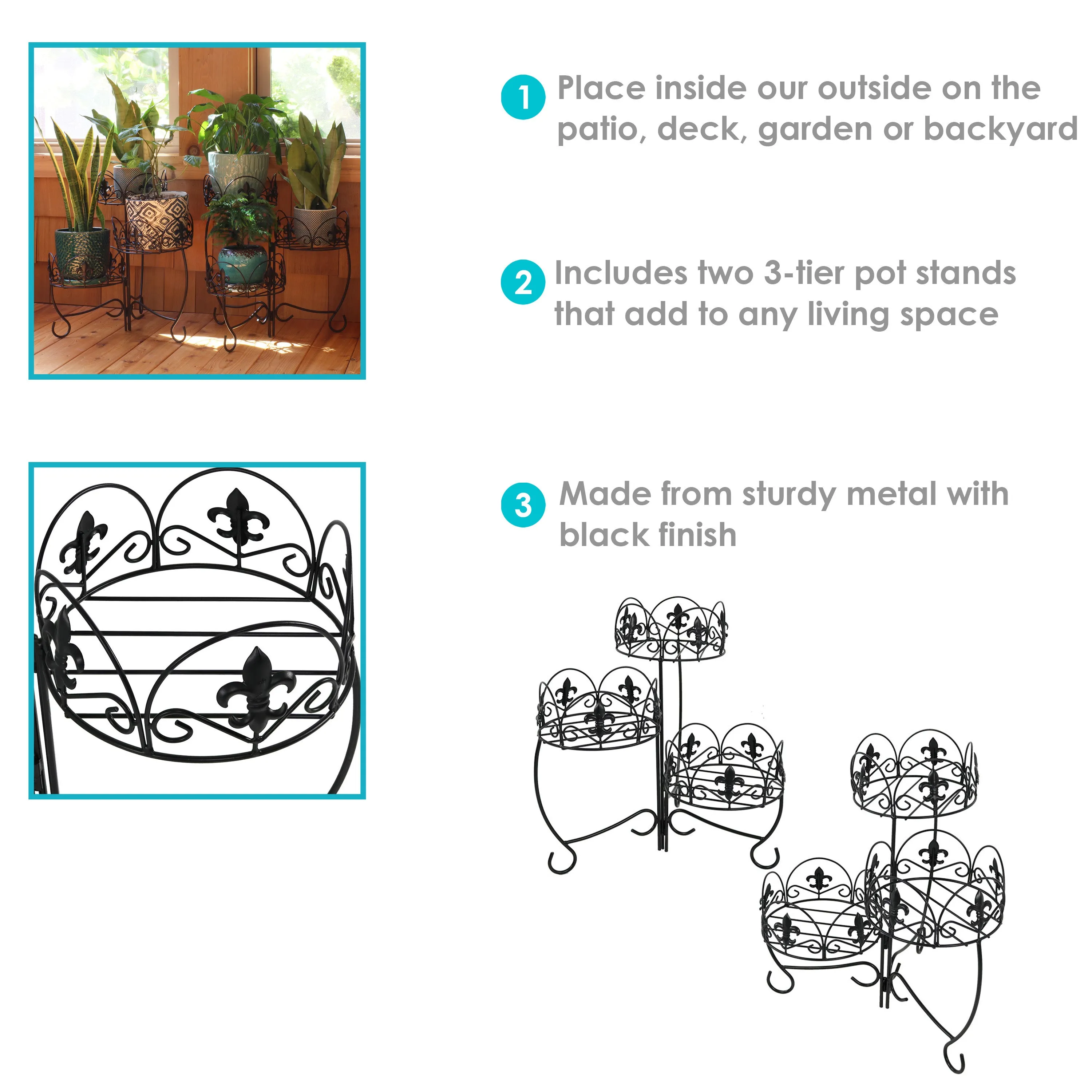 Sunnydaze French Lily Design 3-Tiered Plant Stand - Set of Two