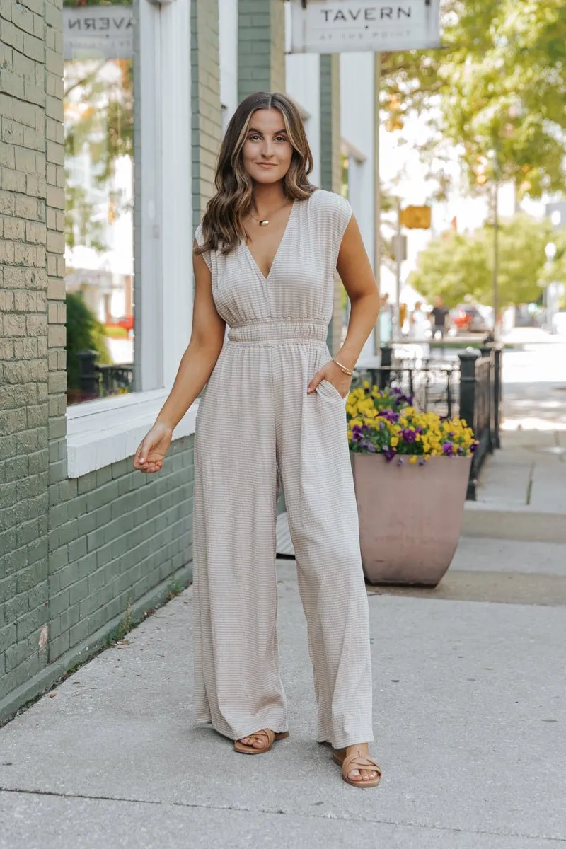 Taupe Striped Wide Leg Jumpsuit - FINAL SALE